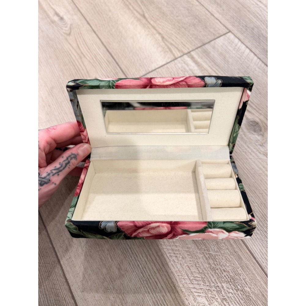 Vintage Floral Cloth Covered Jewelry Box with Mirror and Ring Roll Black Pink
